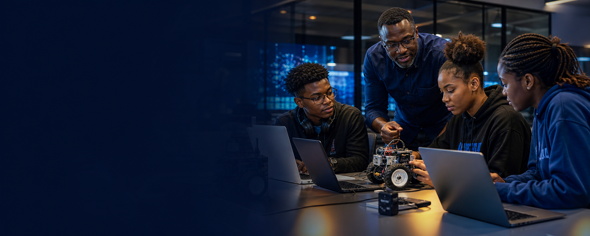 Artificial intelligence and robotics students working with a mentor